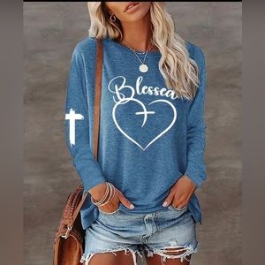 Blue Heart & Cross Blessed Print Long Sleeve Top For Spring